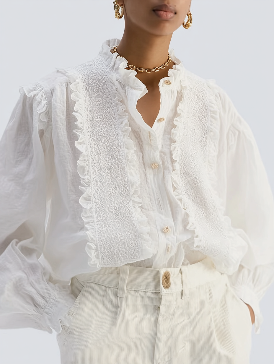 Close-up of a woman wearing a white blouse with ruffles and embroidery, paired with cream-colored pants. She is accessorized with gold jewelry, including a chain necklace and earrings.