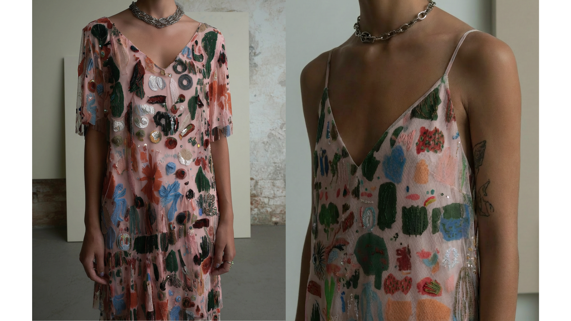 Side-by-side close-up images of a person wearing a colorful, embroidered dress with various abstract shapes and designs. The left image shows the full dress and upper body, while the right image focuses on the upper torso, especially the dress's thin straps and neckline. The person is also wearing chunky silver chain necklaces.