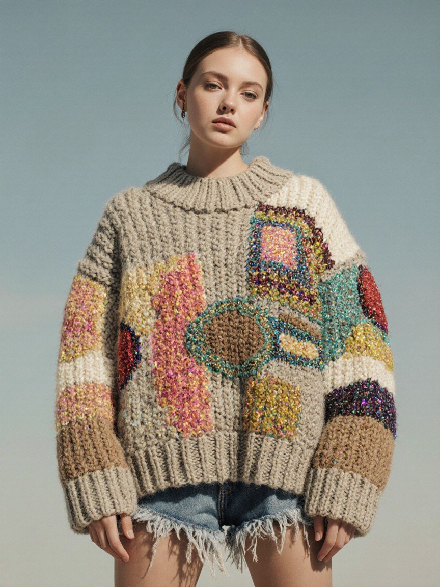 A young woman with light brown hair in a ponytail, wearing a chunky beige sweater with colorful, abstract, textured patterns, and distressed denim shorts, stands against a clear blue sky.
