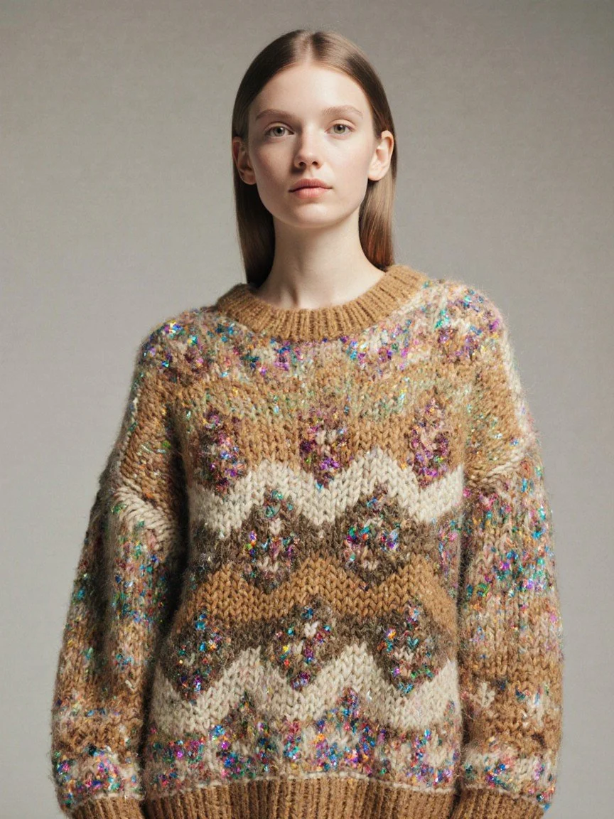 A young woman with straight brown hair and fair skin wearing a multicolored, knitted sweater with a zigzag pattern and shiny embellishments against a plain grey background.
