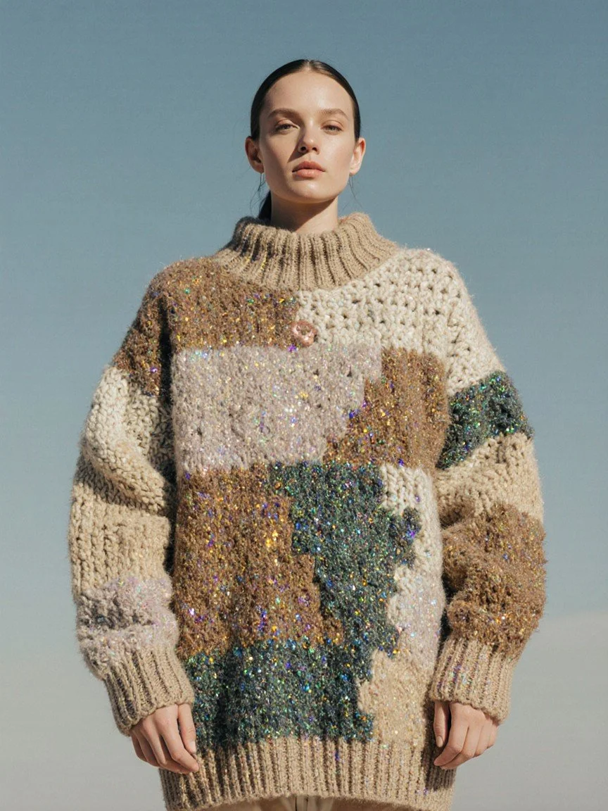 A young woman wearing a chunky, multicolored knit sweater with a high neckline stands outdoors against a clear blue sky.