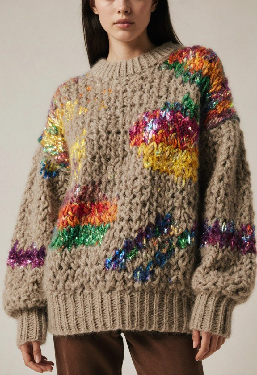 A woman wearing a chunky beige knitted sweater decorated with colorful, shiny, patterned patches.