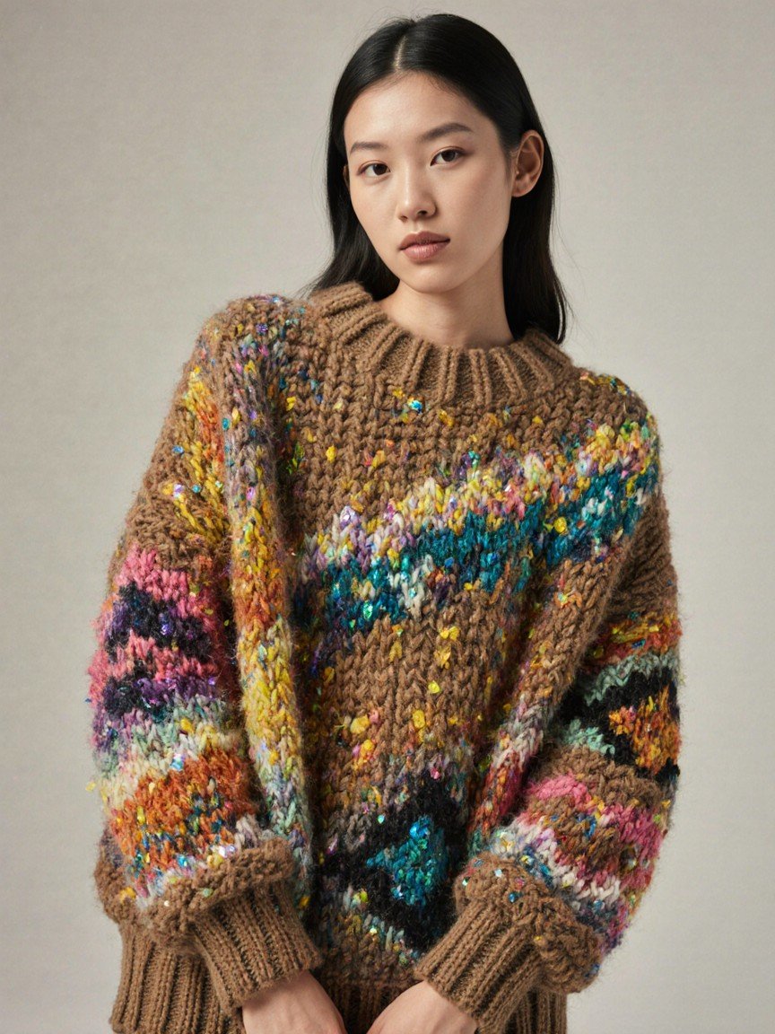A young woman with long dark hair wearing a chunky multicolored knit sweater and posing against a plain wall.