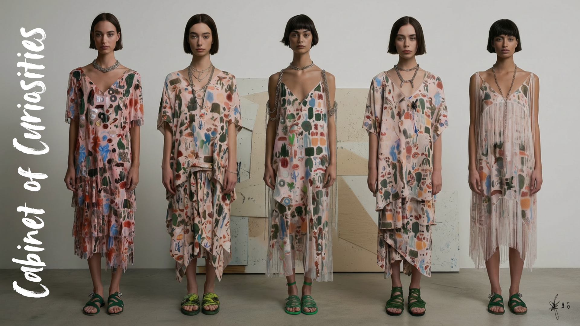 Five models in colorful, abstract-patterned dresses and green sandals standing against a plain background, with the text "Cabrera of Corrieis" written vertically on the left side.
