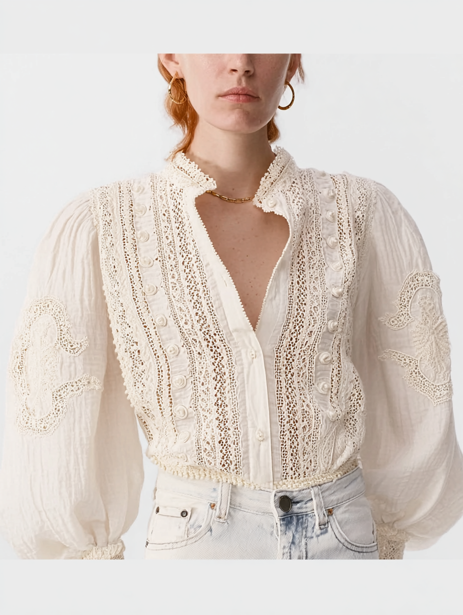 A woman wearing a white embroidered blouse with lace details, high-waisted light-wash jeans, gold hoop earrings, a gold chain necklace, and light makeup.