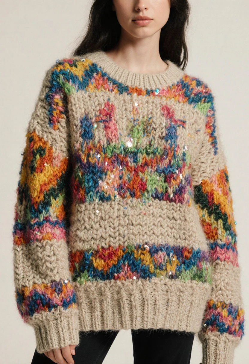 Close-up of a woman wearing a colorful, chunky knit sweater with sequins, featuring various vibrant colors and patterns.
