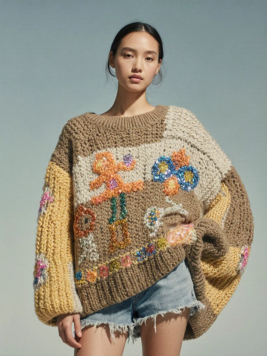 Young woman wearing a chunky, colorful knitted sweater with abstract floral and character patterns, paired with distressed denim shorts.