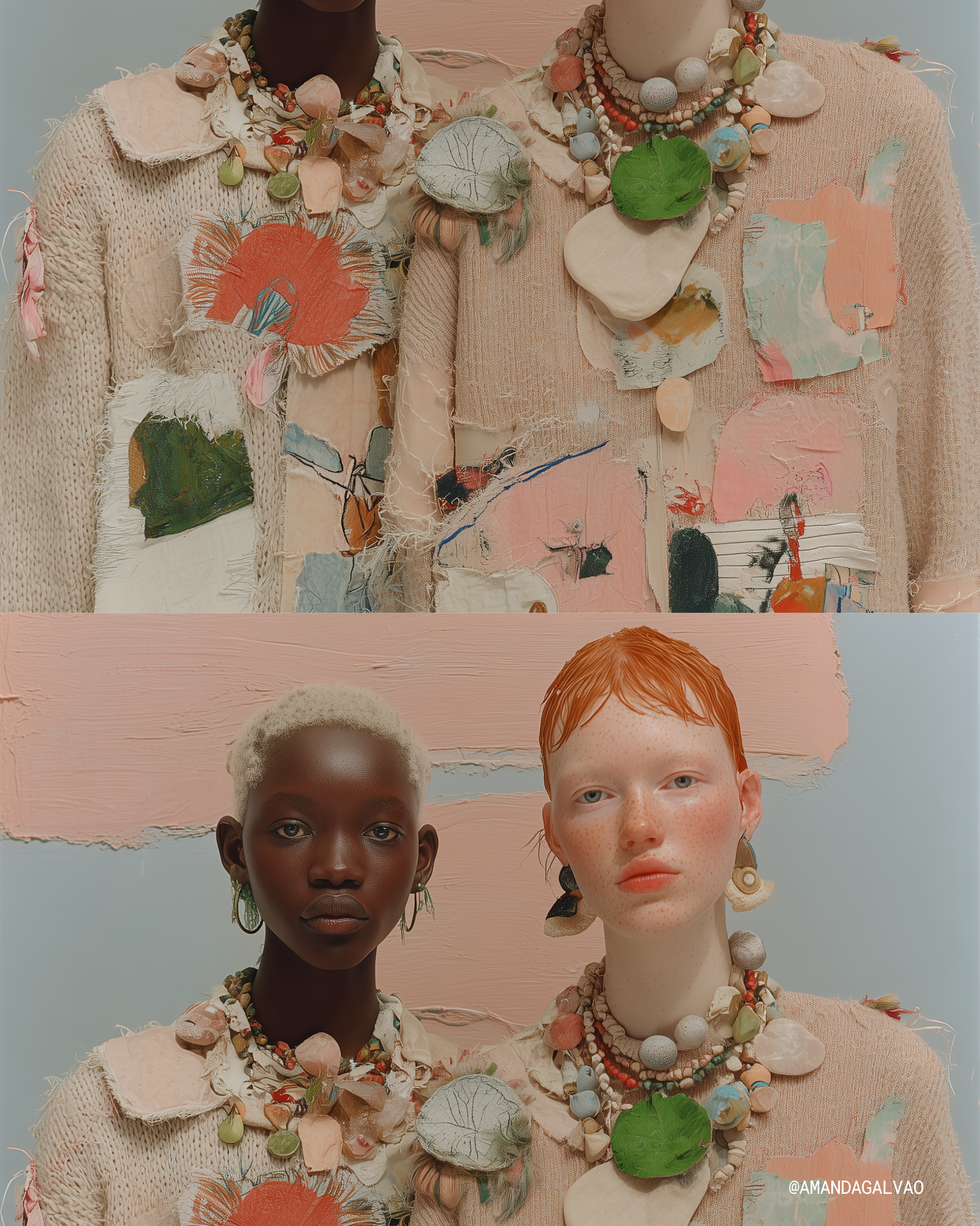 Two women pose in front of a pastel pink and blue painted wall, wearing textured and embroidered clothing with bold, colorful jewelry and accessories.