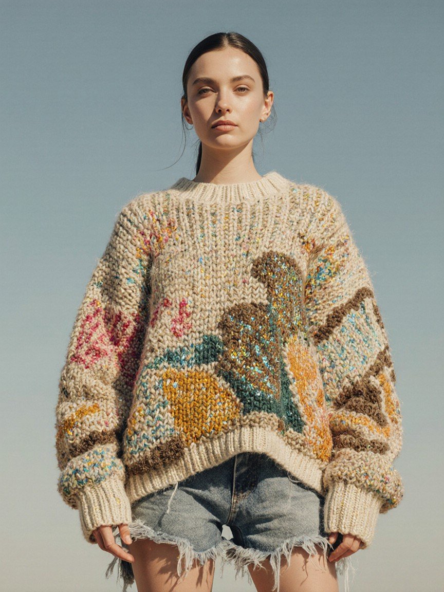 Young woman wearing a colorful, patterned knitted sweater and frayed denim shorts stands outdoors against a clear sky.