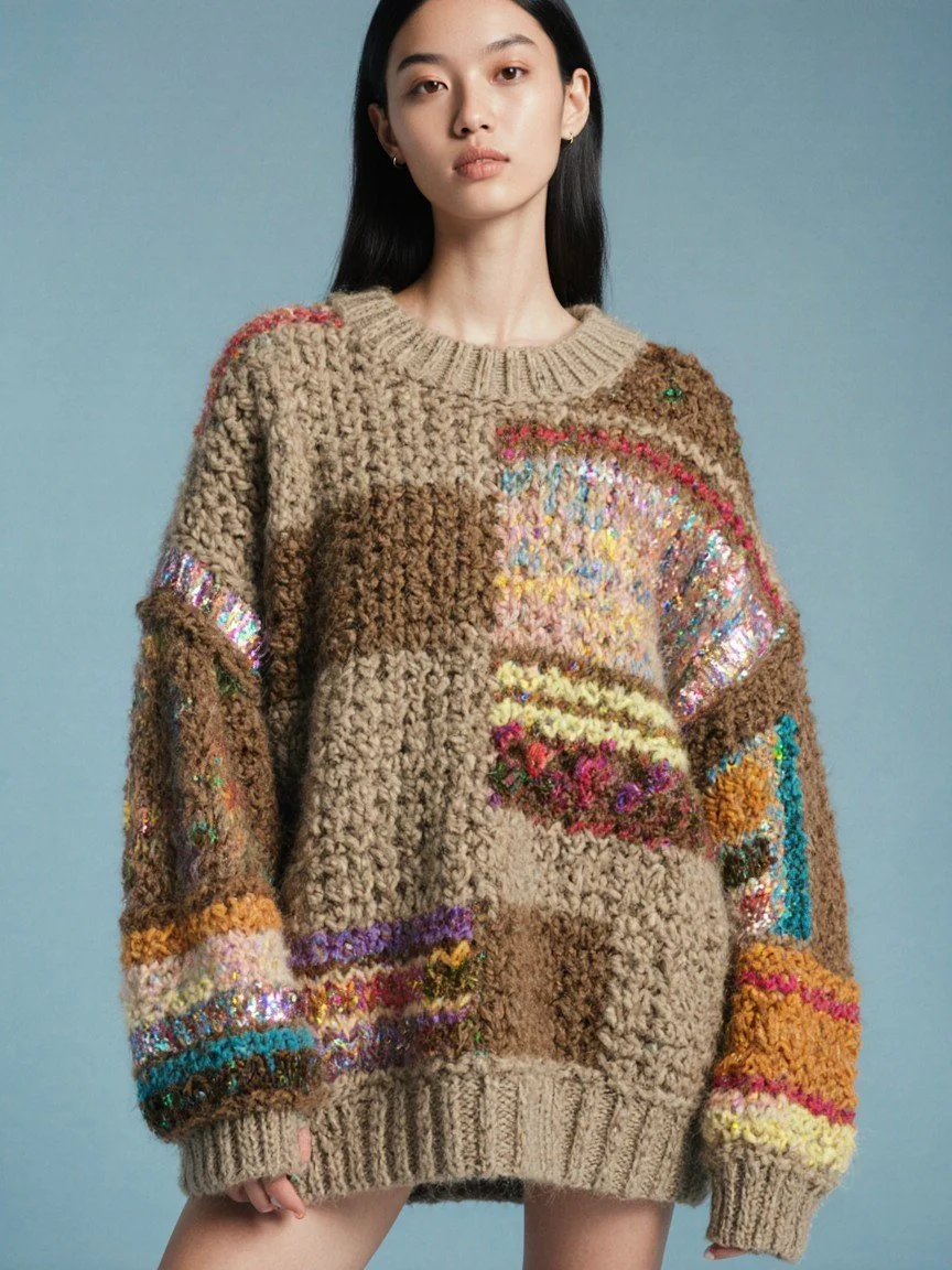 A young woman with long black hair and earrings wearing a chunky, colorful patchwork sweater against a plain blue background.