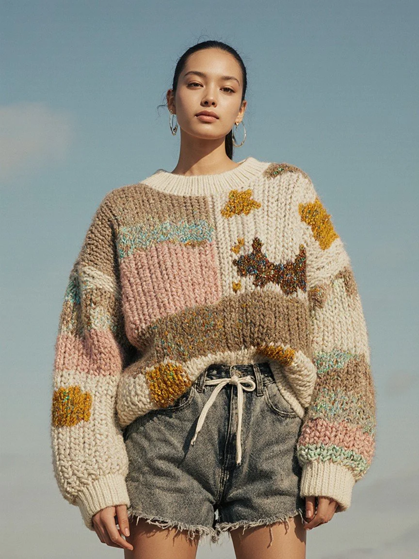 Young woman wearing a colorful, chunky knit sweater with abstract patterns and high-waisted black denim shorts, standing outdoors against a blue sky.