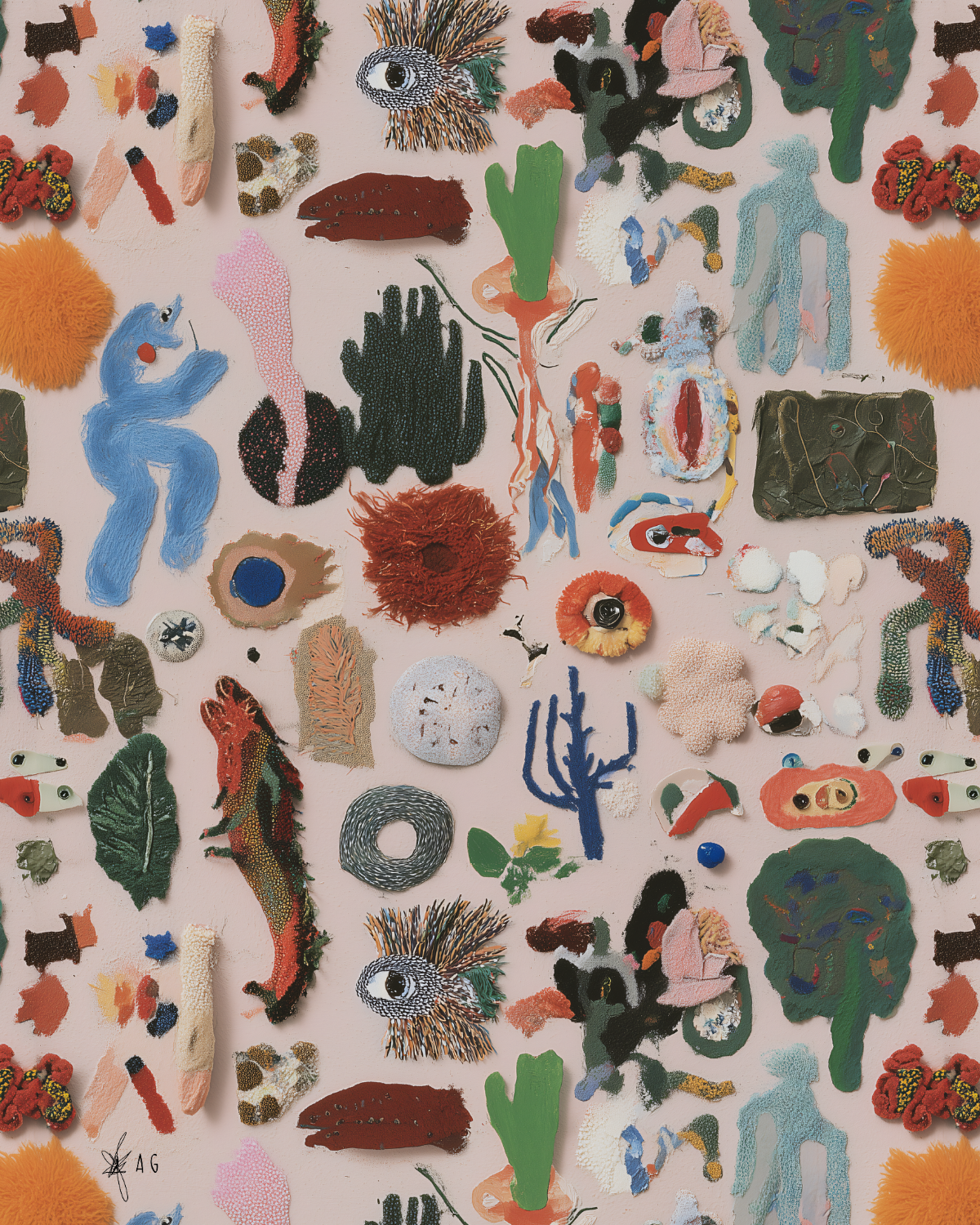 A colorful and artistic collage of various textile and craft elements arranged on a pink background, including embroidered animals, abstract shapes, and decorative objects.