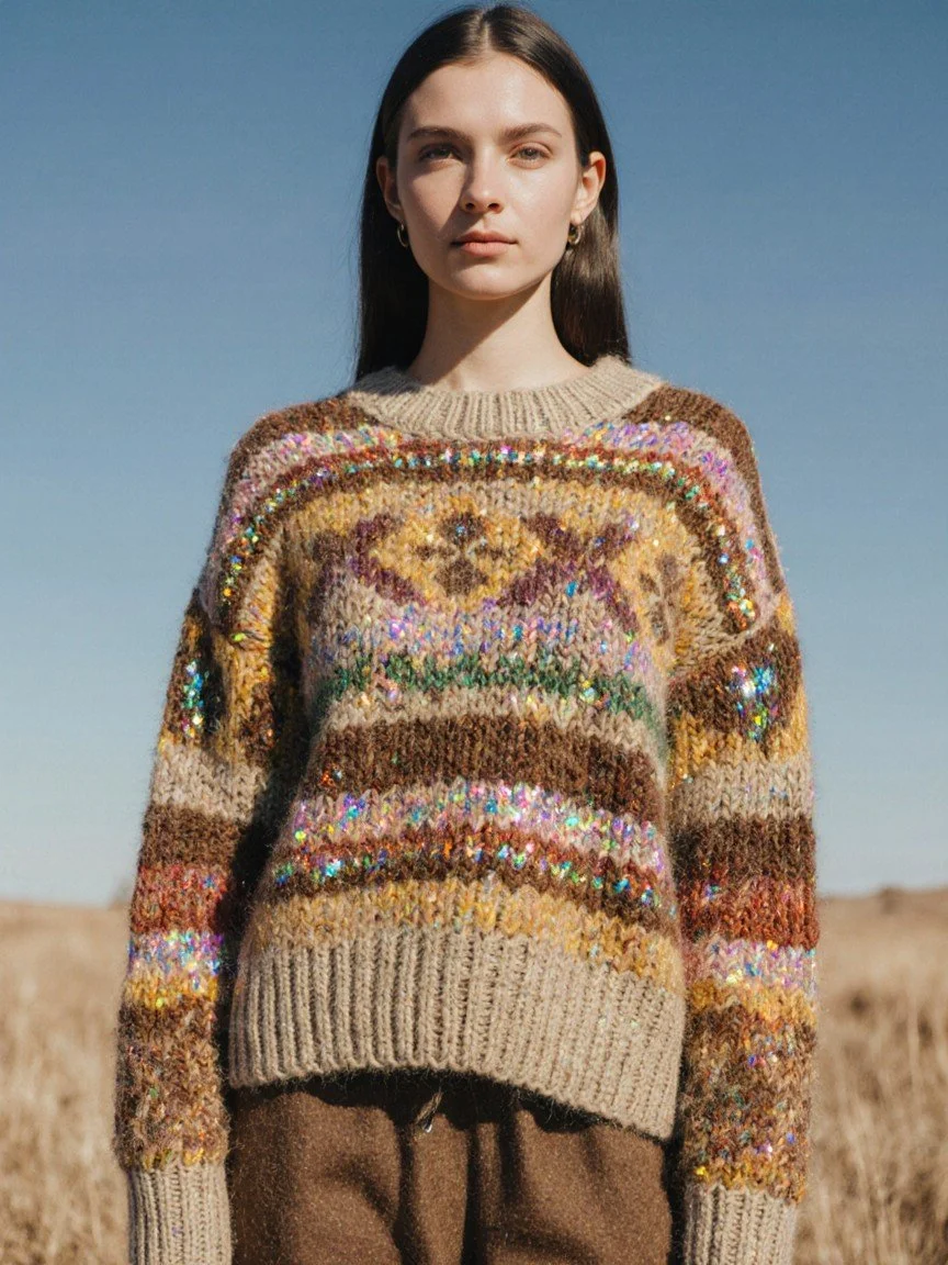 Young woman standing outdoors in a field, wearing a colorful, patterned knit sweater with sequins and brown pants, with a clear blue sky in the background.