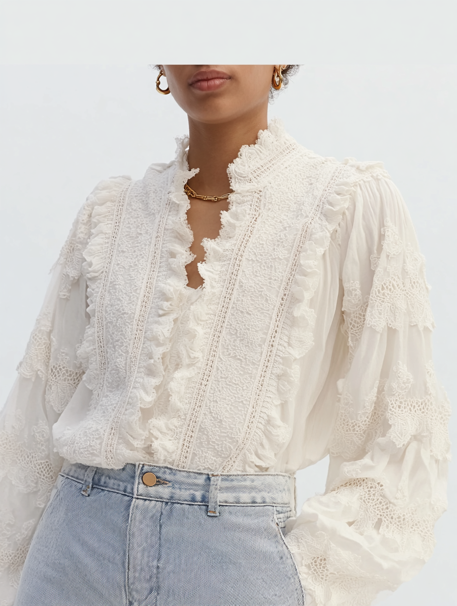 A woman wearing a white lace blouse with ruffles, gold jewelry, and light blue jeans against a plain background.