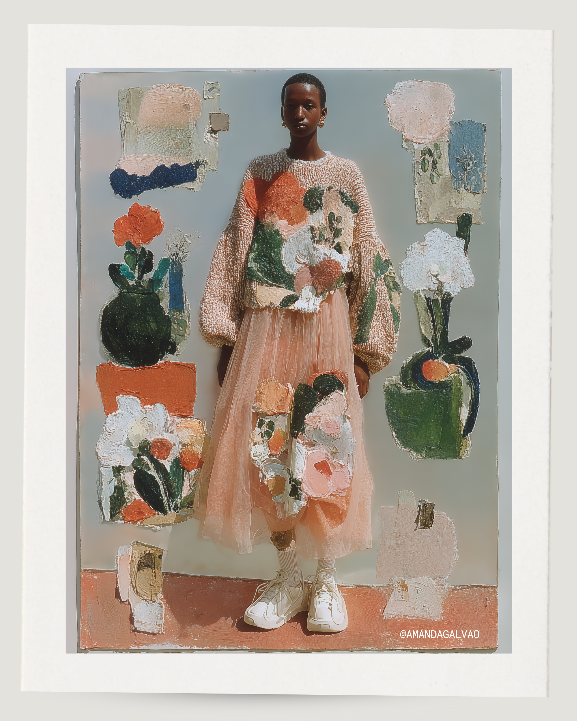 A person standing in front of a painting featuring floral arrangements, painted in an impressionistic style.