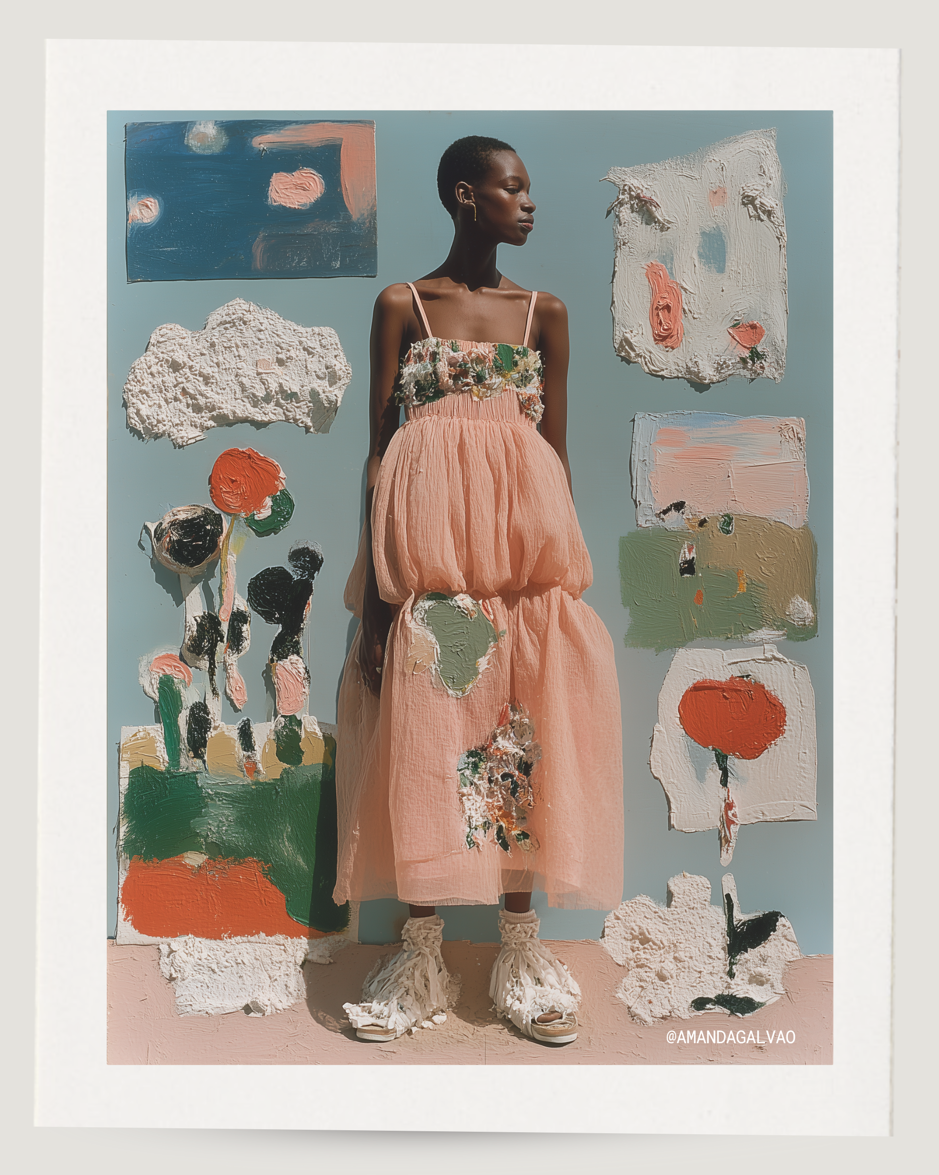 Fashion model wearing a peach dress with floral details, standing in front of an art display with textured paintings and abstract artwork, in a modern gallery setting.