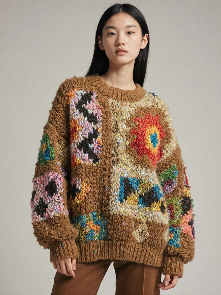 A young woman with long black hair wearing a colorful, textured, brown sweater with various embroidered patterns and designs, and brown pants, standing against a plain light-colored background.