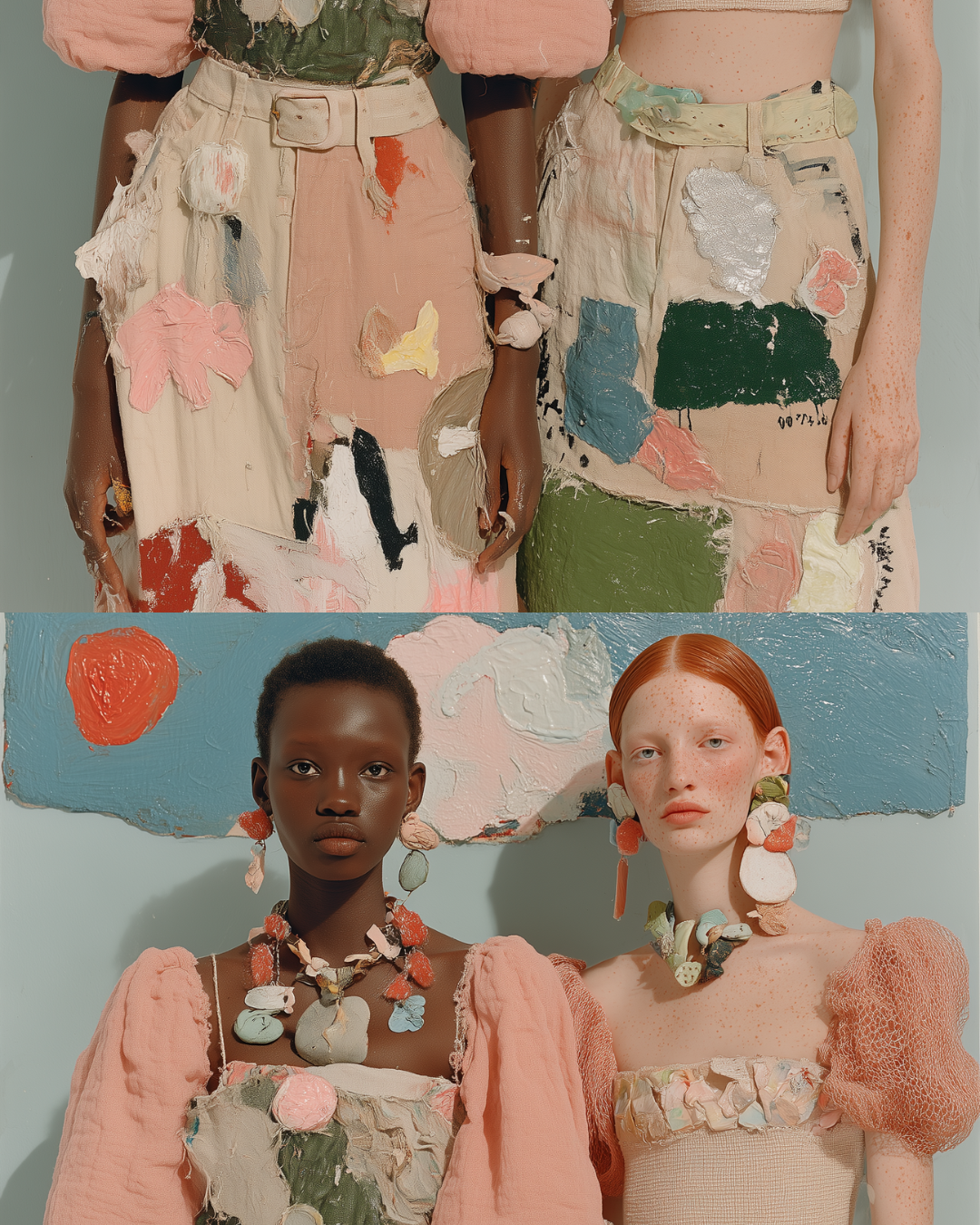 Two women wearing colorful, abstract, textured clothing and jewelry, standing in front of painted backgrounds, with their close-up from the waist up shown in the collage.