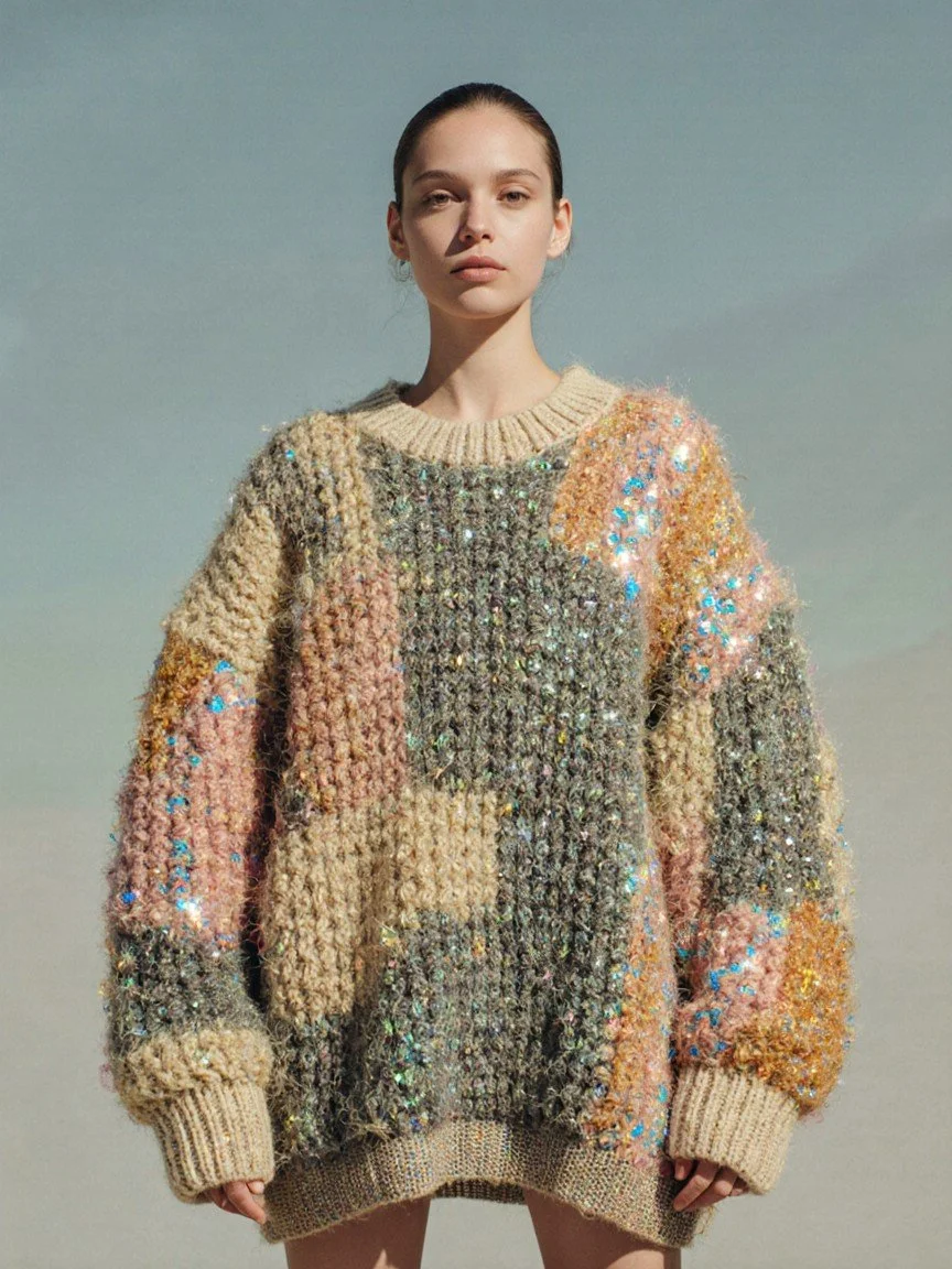 A woman wearing a multicolored, textured, embellished sweater standing against a neutral sky background.