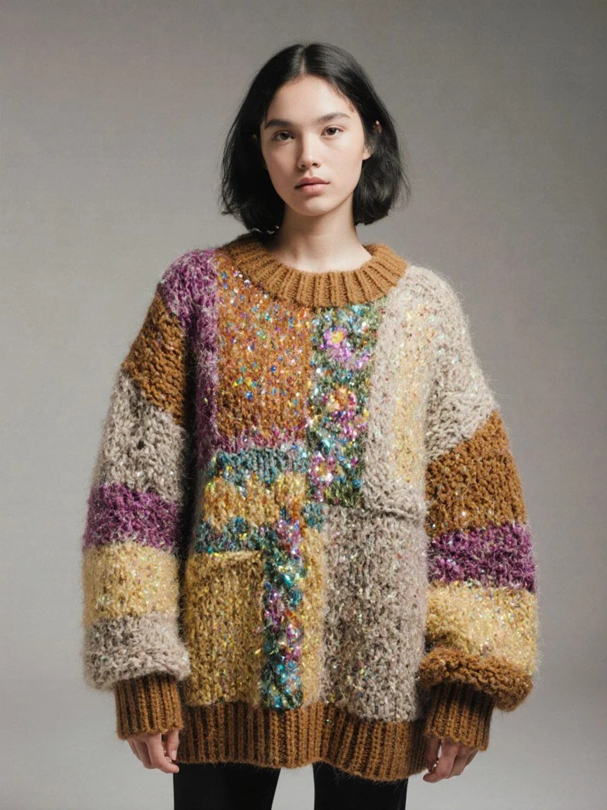 A young woman with shoulder-length black hair wearing a colorful patchwork sweater with textured fabric, in front of a plain gray background.