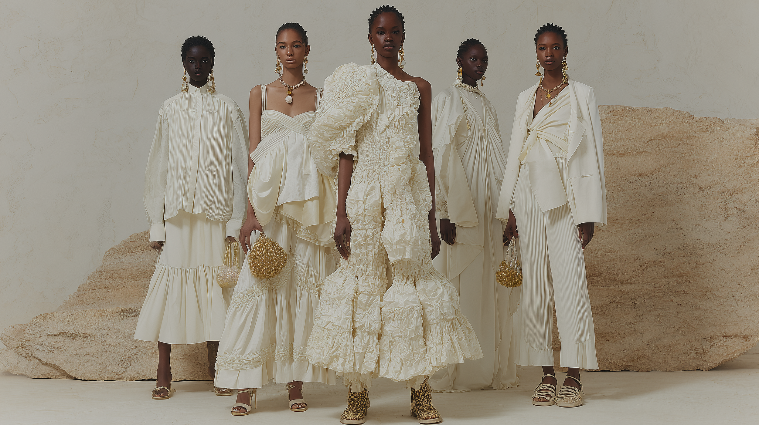 Six women dressed in cream and white fashion, standing in front of beige rocks with a cream background, modeling designer clothing and accessories.