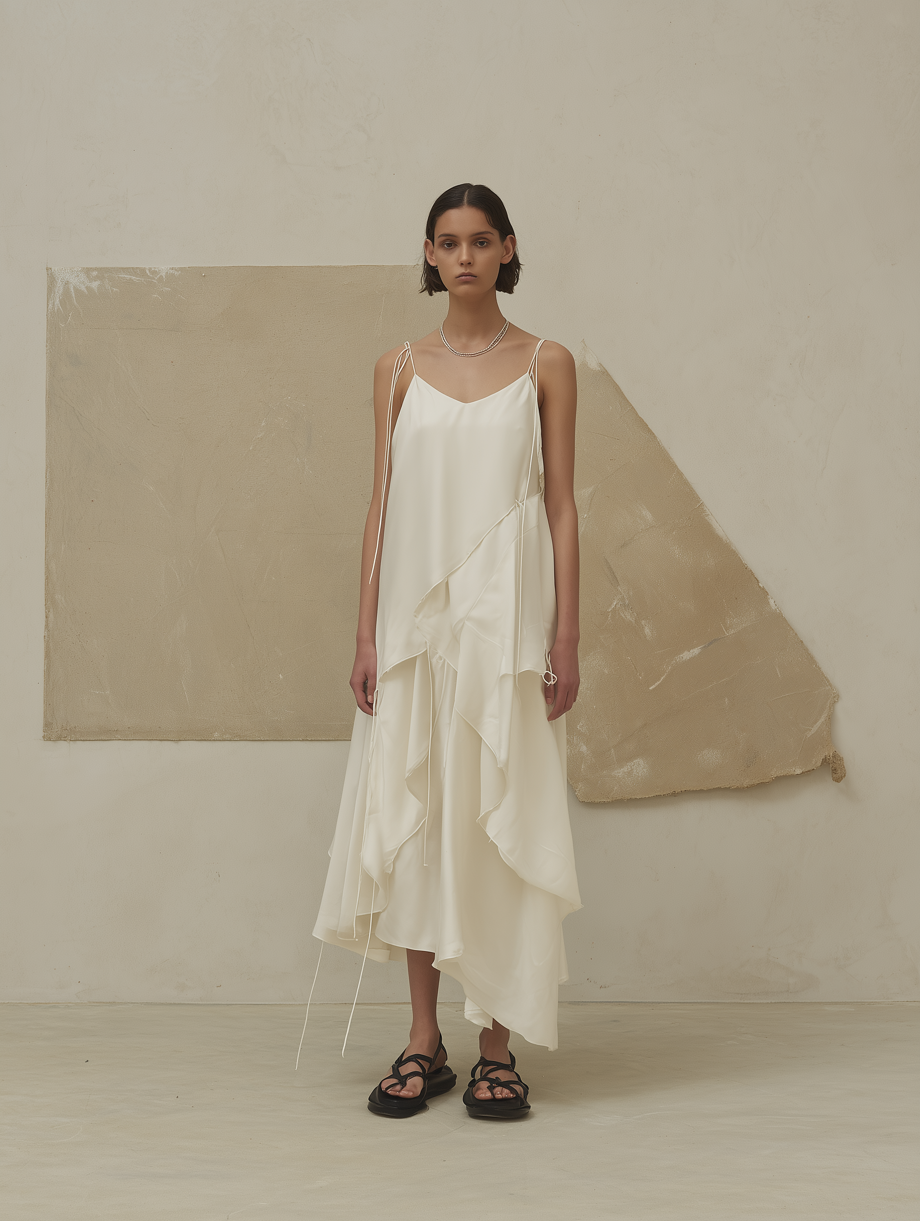 A young woman is standing in front of a textured beige wall, wearing a flowing, cream-colored dress with thin straps and layered fabric details, paired with black sandals.