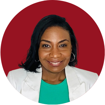 A woman with dark hair and hoop earrings smiling against a red circular background, wearing a white blazer and a teal top.