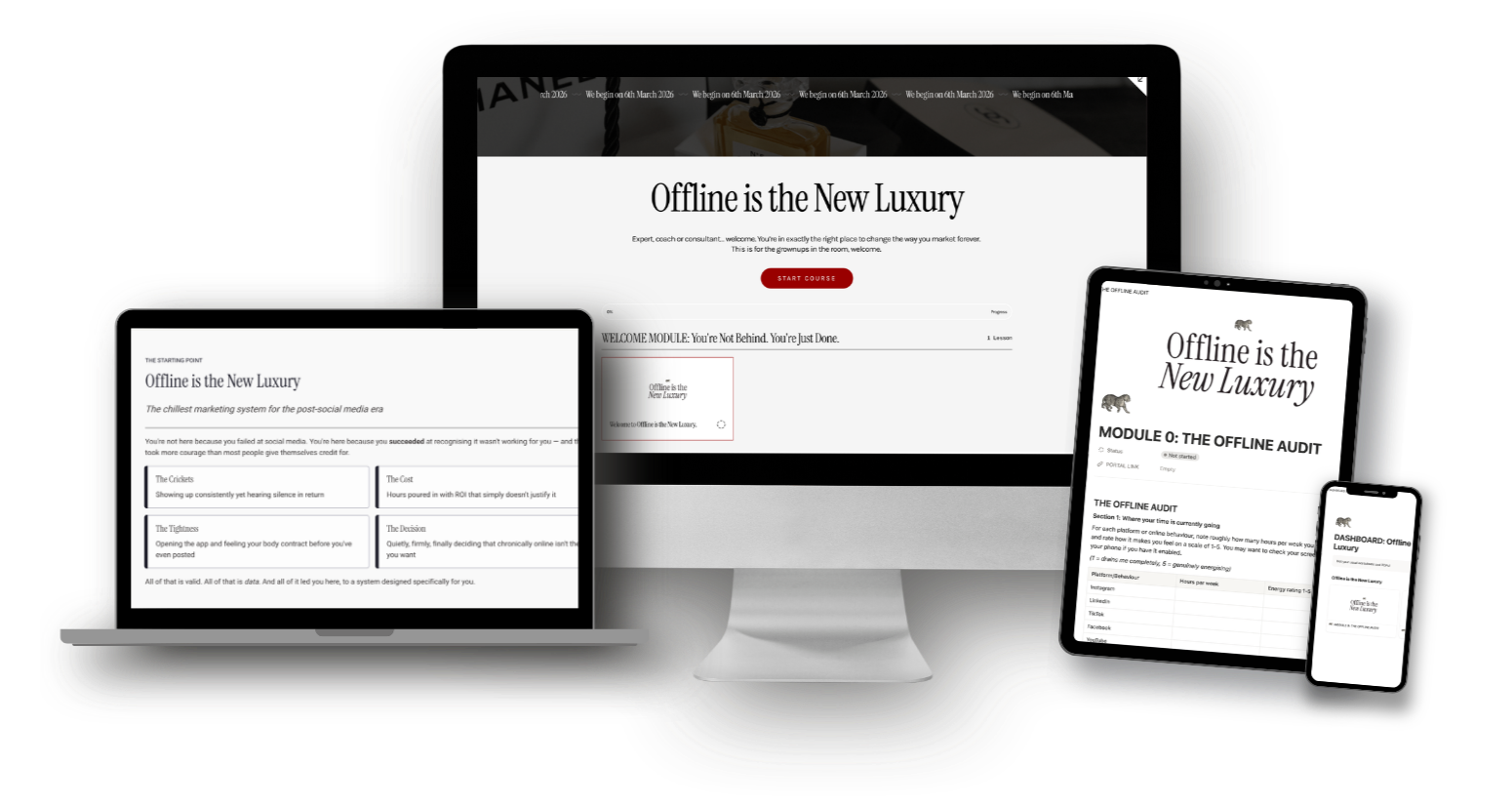 Multiple electronic devices displaying the same website titled "Offline is the New Luxury," including a desktop monitor, a laptop, a tablet, and a smartphone.