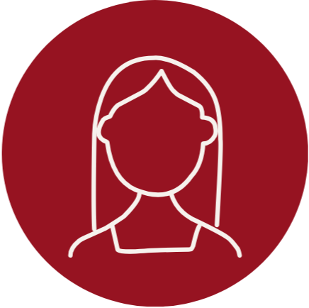 Minimalist line drawing of a woman's face with long hair, inside a red circular background.