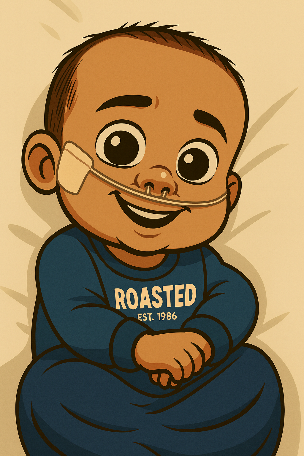 Cartoon illustration of a smiling young boy with a breathing tube, sitting on a bed, wearing a blue shirt that says "ROASTED EST. 1986".