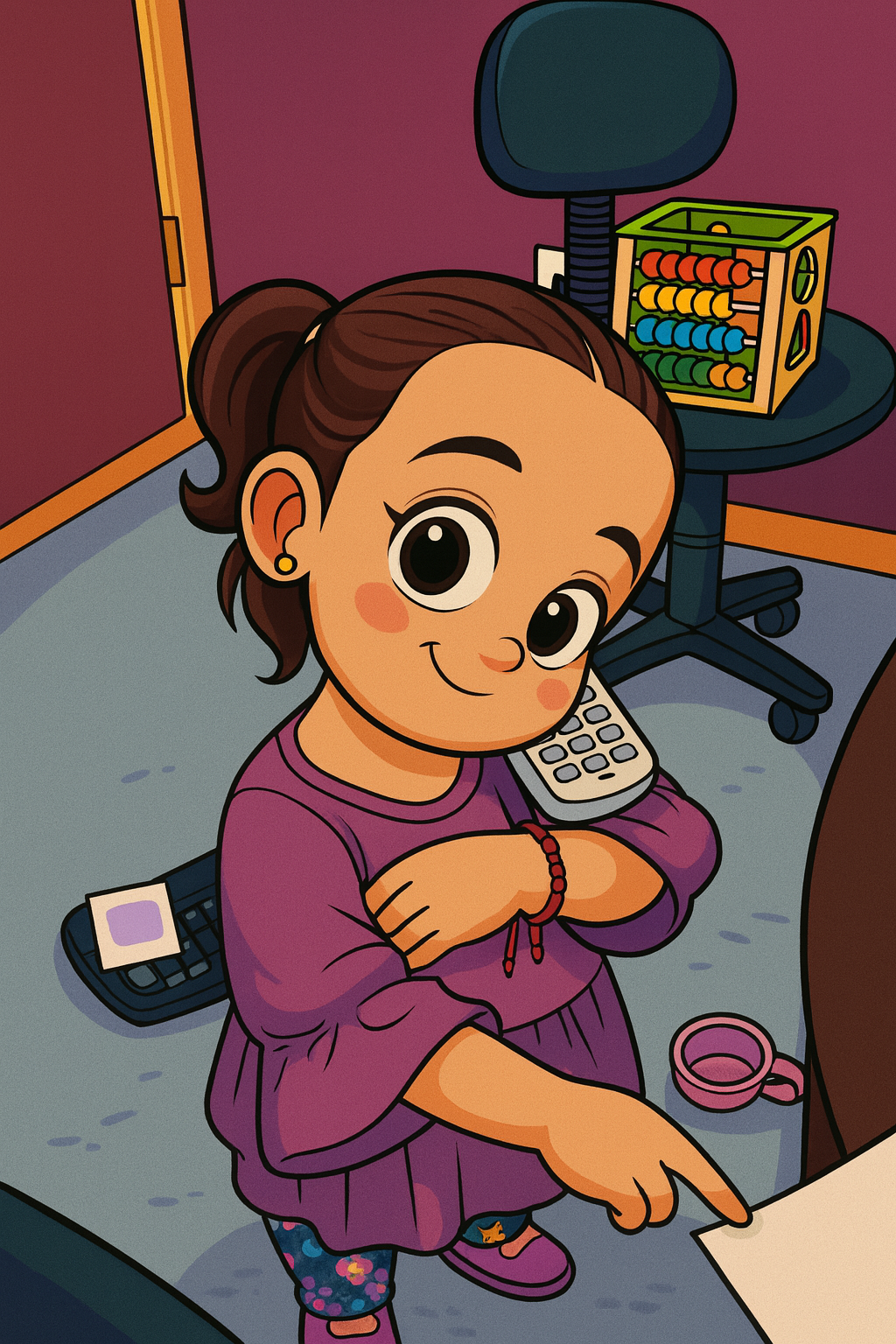 A cartoon girl with big eyes and brown hair tied back in a ponytail, smiling and pointing at something off-screen, holding a phone to her ear. She is wearing a purple dress and a red beaded bracelet, standing in a room with a computer and an abacus in the background.