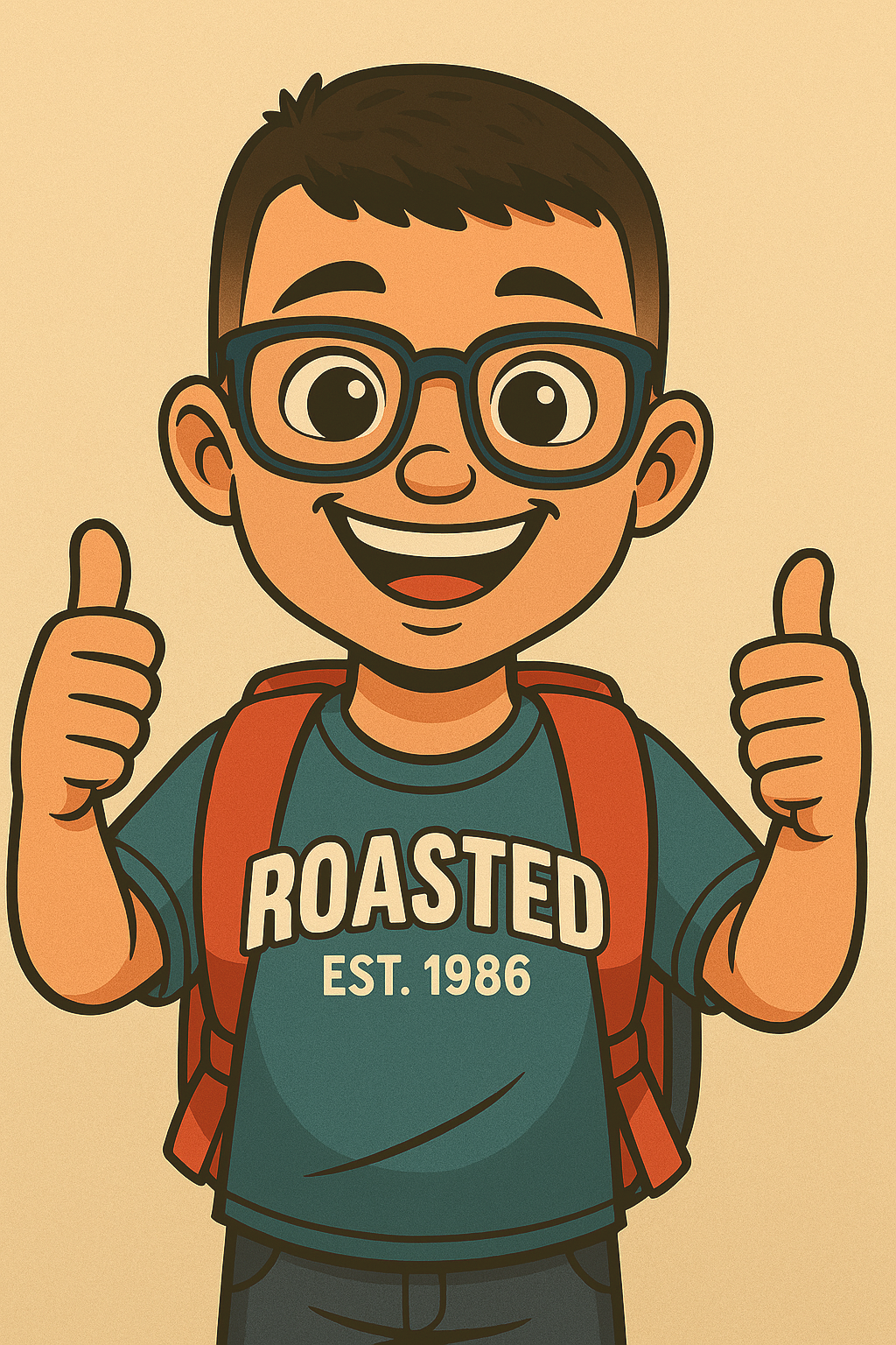 A cartoon boy with glasses smiling and giving two thumbs up, wearing a blue t-shirt that says "Roasted Est. 1986" and a red backpack.