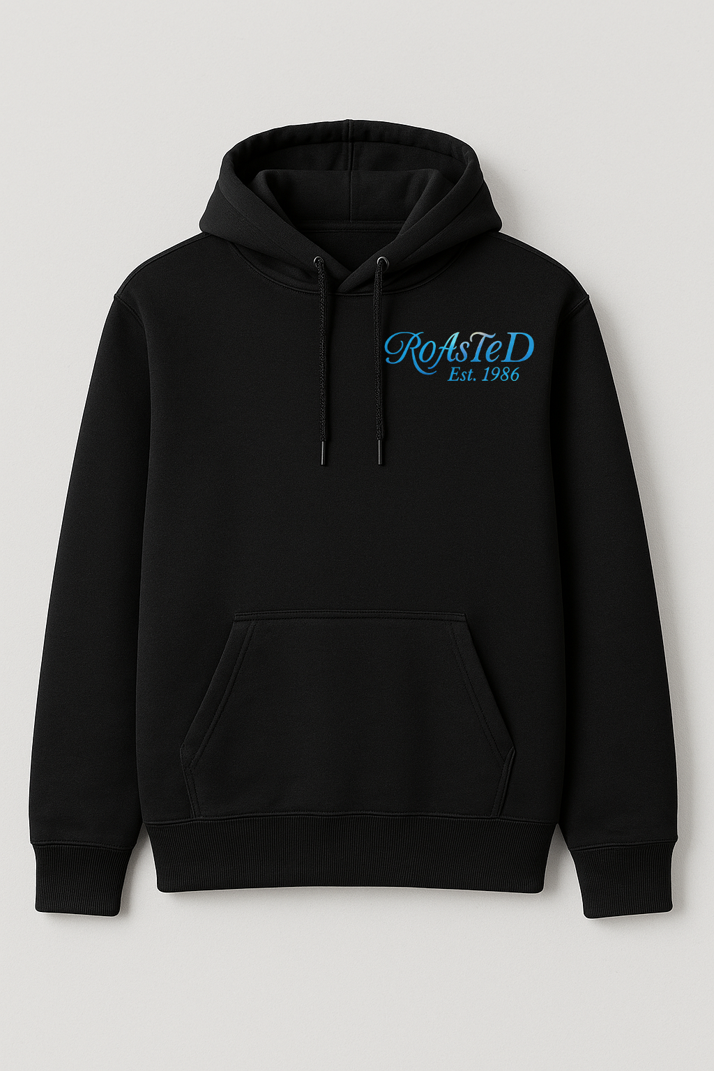 Black hoodie with blue embroidered text 'RoAStED' and 'Est. 1986' on the upper left chest.