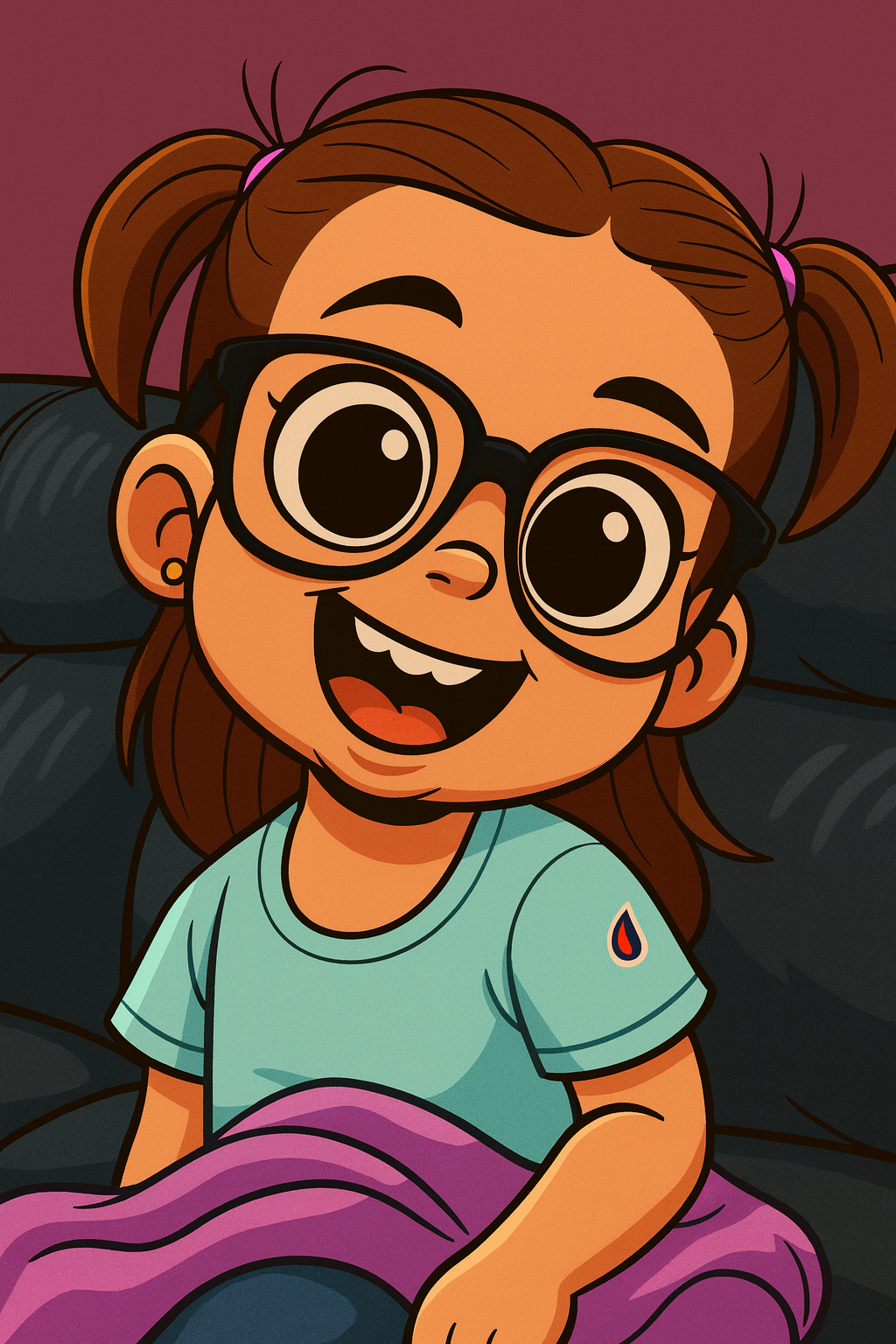 Animated girl with glasses smiling happily, wearing a light blue shirt, sitting on a dark couch with a purple blanket.