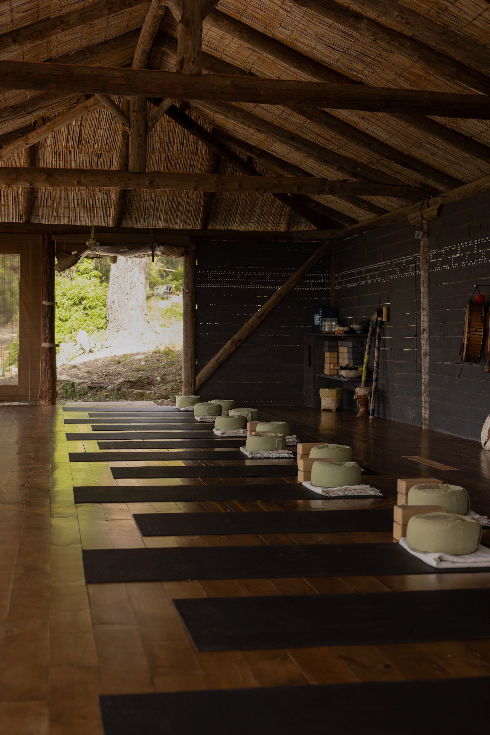 Binnenruimte van een natuurlijke yogastudio met yogamatten en meditatiekussens op de houten vloer voor een retreat in Osa Major, grote ritmische open ruimte met houten constructie en een open deur die uitzicht biedt op groene bomen buiten.
