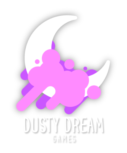 Logo for Dusty Dream Games featuring a white crescent moon with purple bubbles and a purple cloud shape.