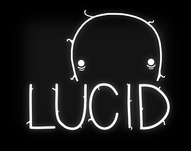 Neon sign of a cartoonish face with the word 'LUCID' underneath, all in white on a black background.