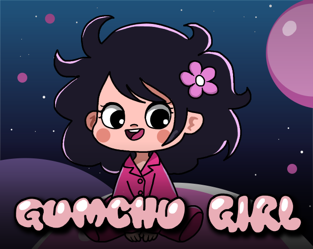 Cartoon girl with black hair and a pink flower sitting in space with planets in the background, and the text 'GUMCHU GIRL' in pink letters.