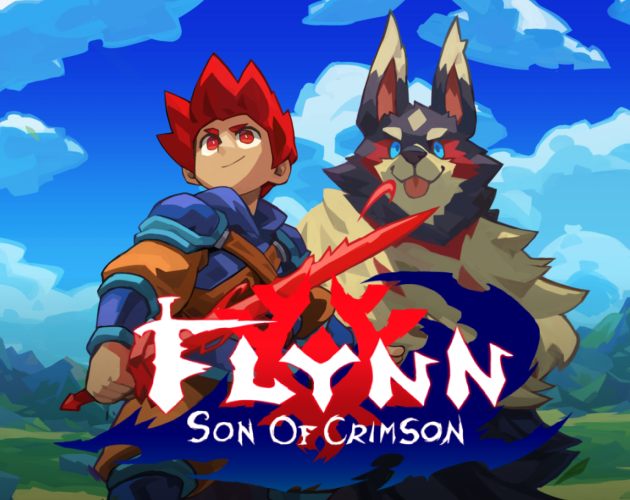 Animated fantasy scene from video game 'Flynn: Son of Crimson' featuring a young red-haired warrior holding a red sword and a large dog-like creature with blue eyes against a blue sky with clouds.