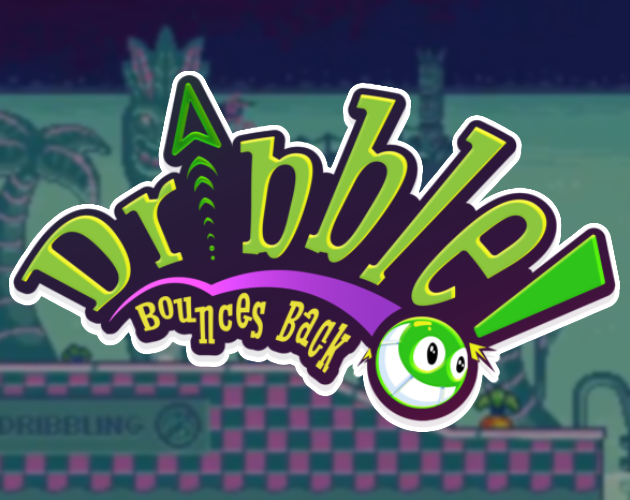 Logo for the video game 'Dribble Bouces Back,' featuring stylized text and a cartoon bouncing ball with eyes.