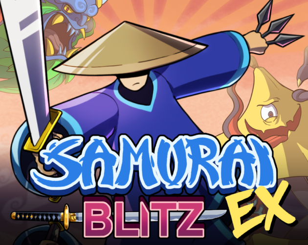 Colorful cartoon game cover titled "Samurai Blitz EX" featuring a samurai in a blue outfit, holding a sword, with a ninja mask covering their face, and dragons in the background.