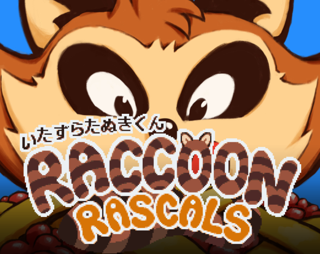 Close-up of an animated raccoon character with large eyes, surrounded by chocolate cookies and berries, with the words 'Raccoon Rascals' in stylized text.