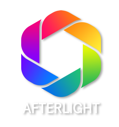 Colorful geometric camera shutter logo with the word 'AFTERLIGHT' underneath.