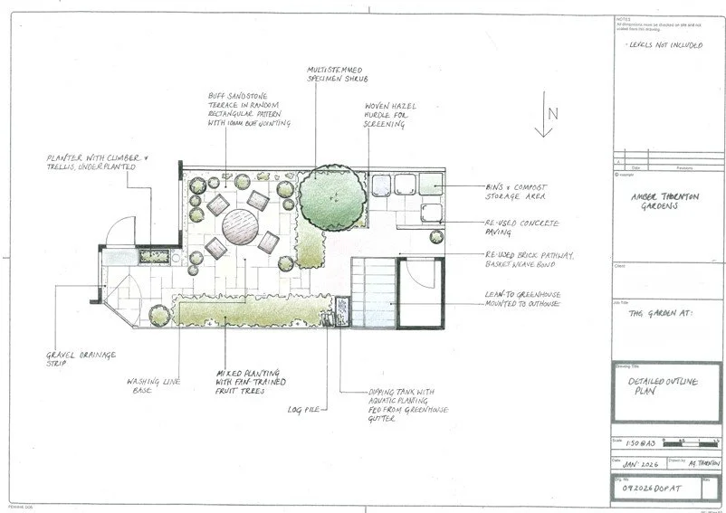 A detailed landscape design plan showing various elements