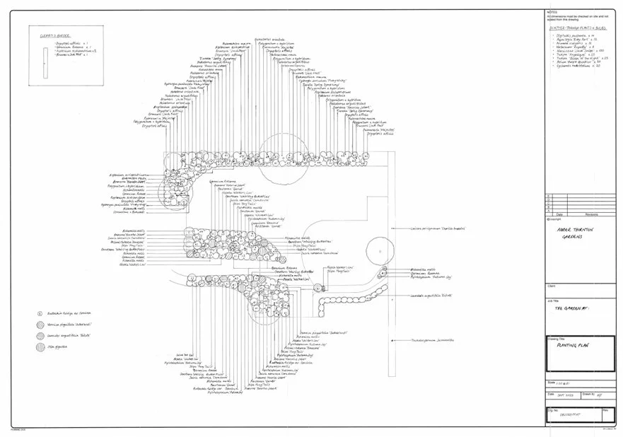 Detailed landscape gardening plan with various plant arrangements, trees, and layout specifications.