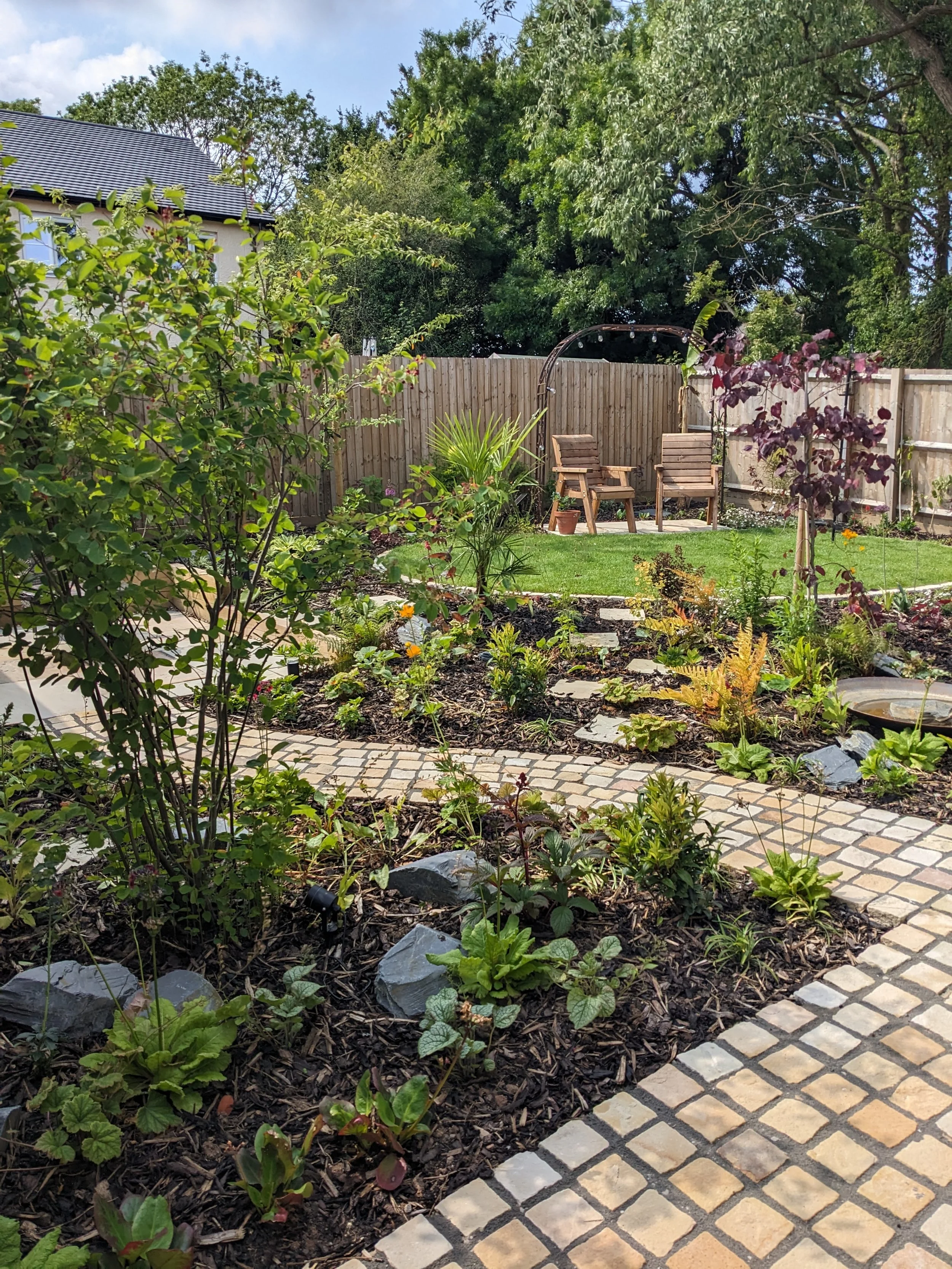 A backyard garden with a stone and brick walkway, various plants, shrubs, and trees, a wooden fence, and outdoor chairs on a sunny day.
