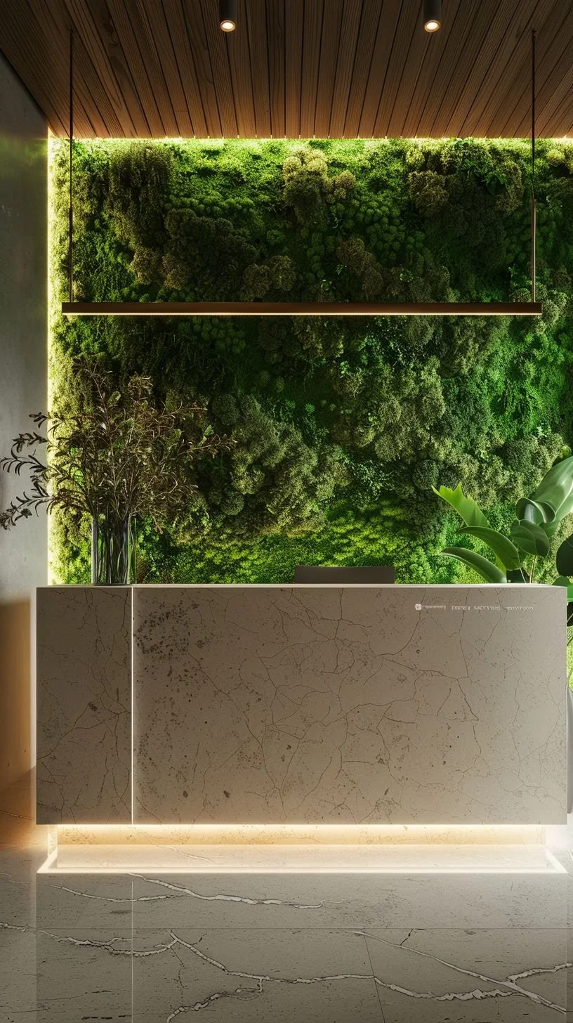 Modern reception desk in front of a green moss wall, with a plant on the right and a tall vase with branches on the left.