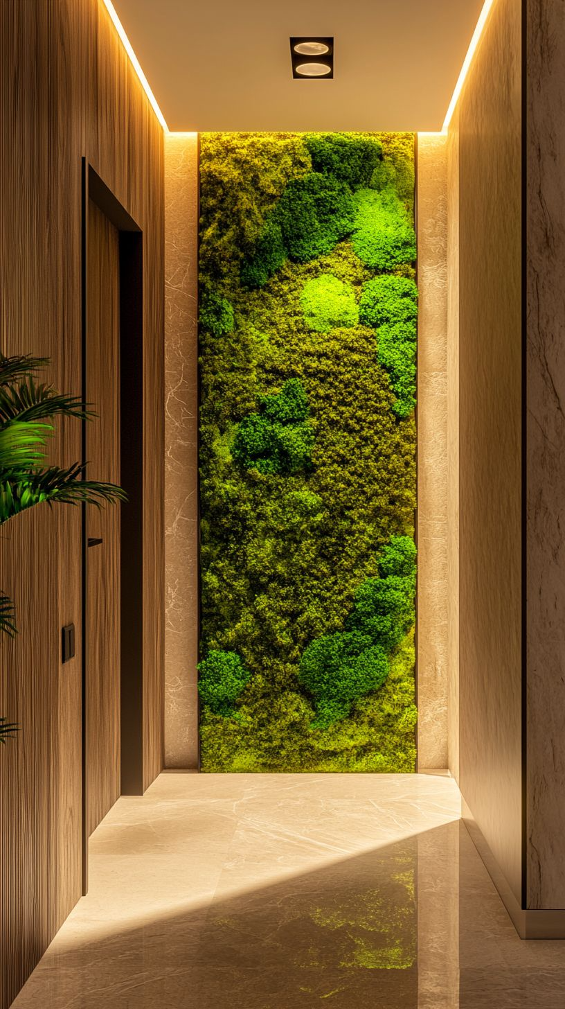 Indoor corridor featuring a green moss wall at the end, and warm yellow lighting along the ceiling edges.