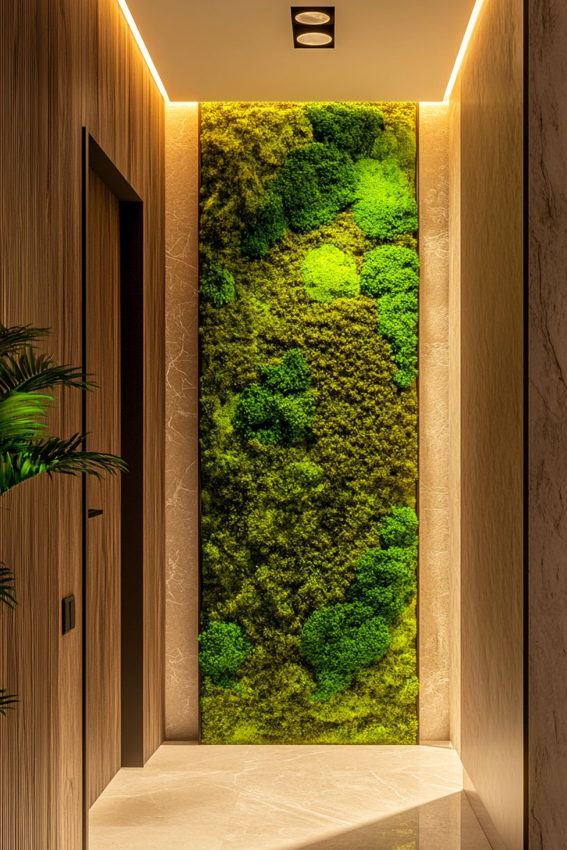 Modern indoor hallway with a vertical green moss wall in the background, wooden paneling on the left, beige marble on the right and floor, and ceiling with integrated lighting.