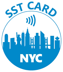 Blue circular logo with skyline of New York City and a satellite signal icon, reading 'SST CARD NYC'.